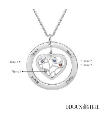 Collier arbre de vie coeur personnalisé à prénoms et pierres de naissance En savoir plus