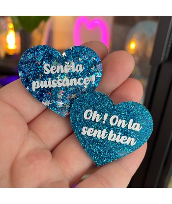 [CONTRÔLE TECHNIQUE] Duo de broches "Sens la puissance" + "Oh ! On la sent bien" en acryliques dans les tons bleus pas cheres