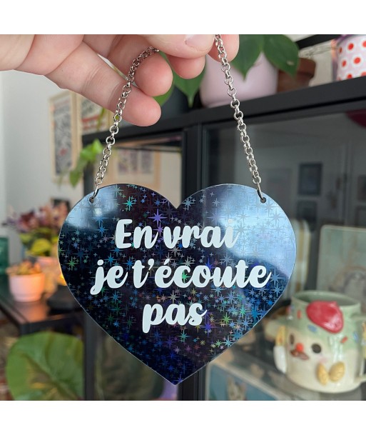 Mini murale "En vrai je t'écoute pas" en acrylique noire holographique et vinyl blanc livraison et retour toujours gratuits