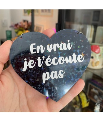 Mini murale "En vrai je t'écoute pas" en acrylique noire holographique et vinyl blanc livraison et retour toujours gratuits